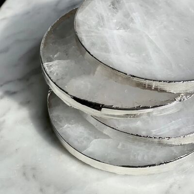 White Quartz Round Coaster Electrolplated in Silver