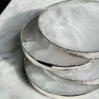 Posavasos redondo de cuarzo blanco galvanizado en plata