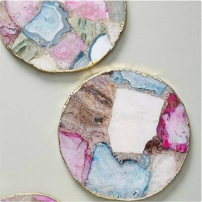 Mixed Agate Round Coaster ELectroplated in Gold