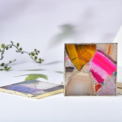 Dessous de verre carré en agate mixte électroplaqué en argent