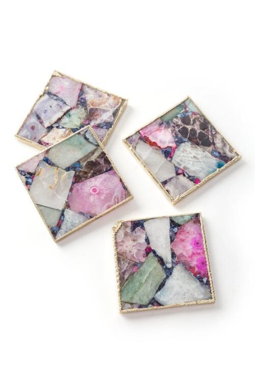 Mixed Agate Square Coaster ELectroplated in Gold
