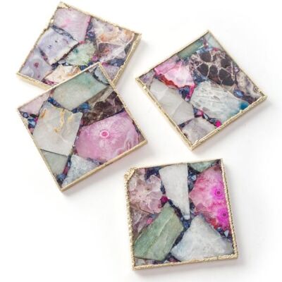 Mixed Agate Square Coaster ELectroplated in Gold