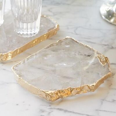 Sous-verre carré en quartz blanc plaqué or