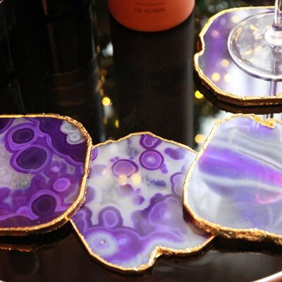 Sous-verre abstrait en agate violette électroplaqué en or