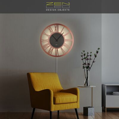 LED metal wall clock XLØ50cm and XXLØ70cm model "ROMA-ACP" with large Roman dial in COPPER and silent clockwork; vintage retro boho wall art; 3D light effect RGB colored backlit with APP Bluetooth remote control