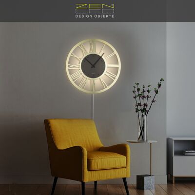 LED metal wall clock XLØ50cm and XXLØ70cm model "ROMA-ACP" with large Roman dial in GOLD and silent clockwork; vintage retro boho wall art; 3D light effect RGB colored backlit with APP Bluetooth remote control
