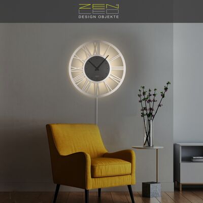 LED metal wall clock XLØ50cm and XXLØ70cm model "ROMA-ACP" with large Roman dial in CHAMPAGNE and silent clockwork; vintage retro boho wall art; 3D light effect RGB colored backlit with APP Bluetooth remote control