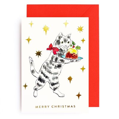 CHRISTMAS PUDDING CAT luxe Christmas card w gold foil + red env