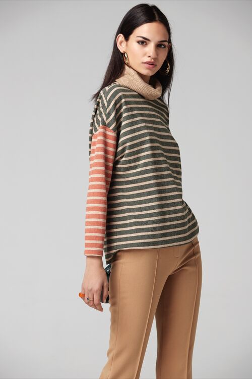 (8517-ABIL) REMOVABLE STRIPED HIGH NECK SWEATER