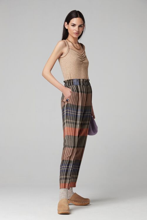 (8531-DONGA) MULTICOLORED CHECK PAPERBAG TROUSERS
