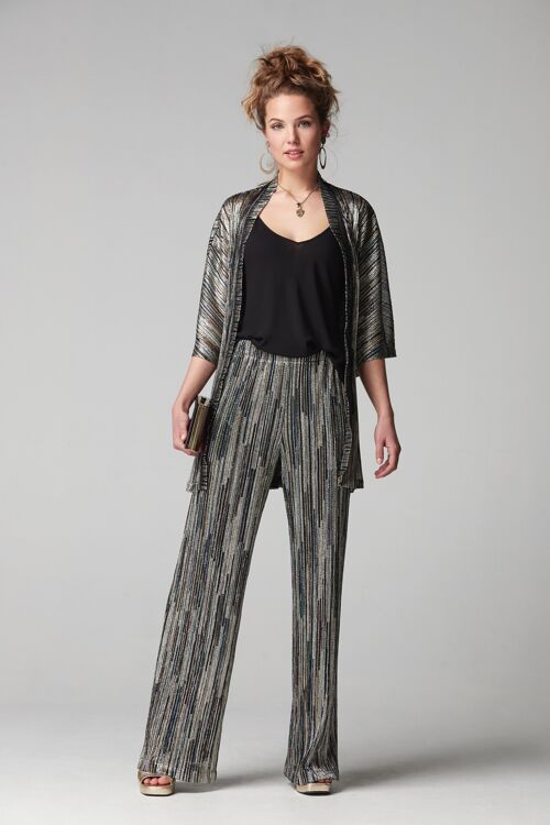 (9514-IWIRA) PLEATED LAMINATE PALAZZO TROUSERS ELASTIC WAISTBAND