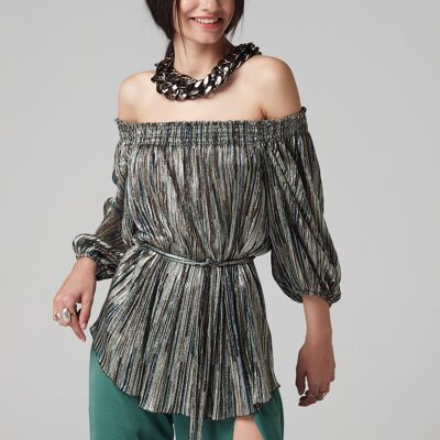 (9514-ZURMA) PLEATED LAMINATE ELASTIC NECKLINE TOP