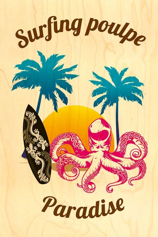 POSTCARD BOIS SURFING OCTOPUS PARADISE