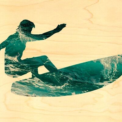 POSTCARD WOOD SURFER BLUE WAVE BACKGROUND