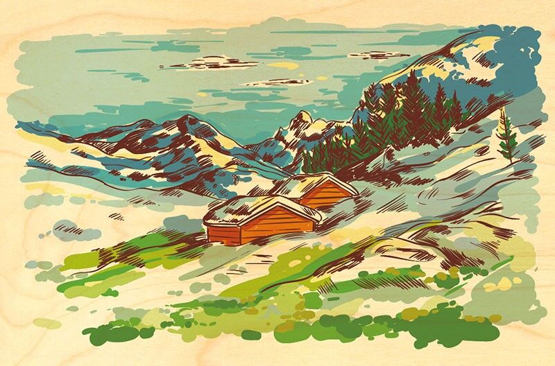 POSTAL DE MADERA PINTURA PUEBLO