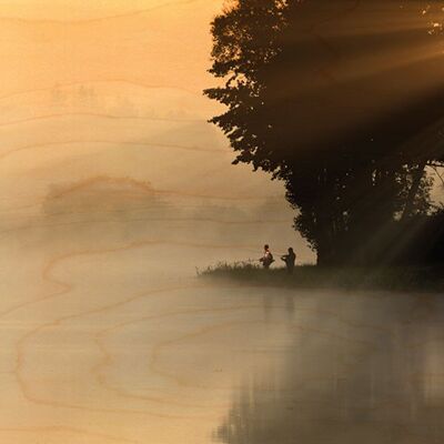 WOODEN POSTCARD FISHERMEN RISING SUN