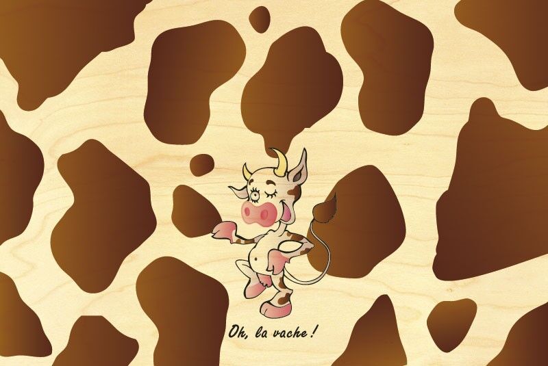 WOODEN POSTCARD OH THE BROWN COW