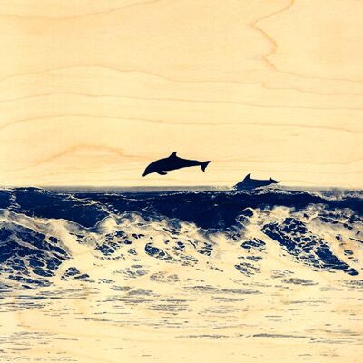 WAVE DOLPHINS WOODEN POSTCARD