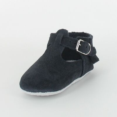 T-bar leather baby slippers with fringe - Navy