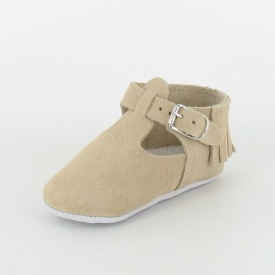 T-bar leather baby slippers with fringe - Beige