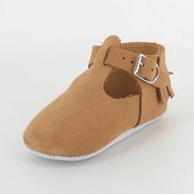 T-bar leather baby slippers with fringe - Camel