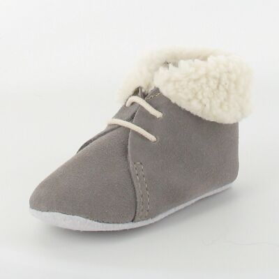 Leather Baby Booties with Fur Collar - gray