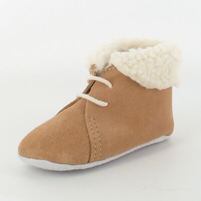 Leather Baby Booties with Fur Collar - camel