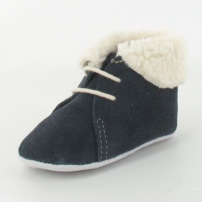 Leather baby slippers with fur collar - Navy