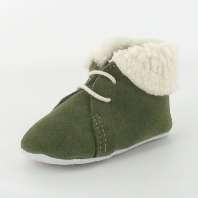 Leather baby slippers with fur collar - Khaki