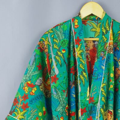 Robe de chambre kimono en coton - Vert Frida Kahlo