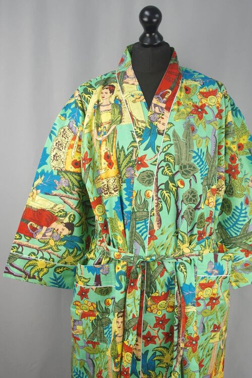 Cotton Kimono Dressing Gown - Green Frida Kahlo