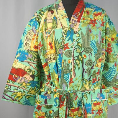 Cotton Kimono Dressing Gown - Green Frida Kahlo