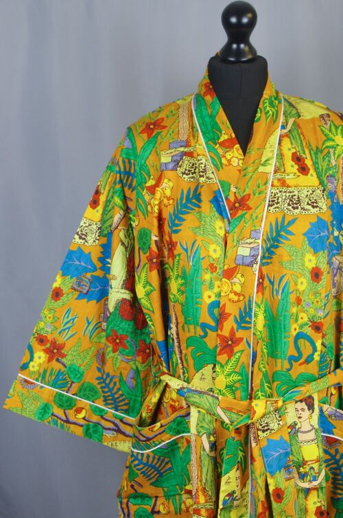 Cotton Kimono Dressing Gown - Mustard Yellow Frida Kahlo