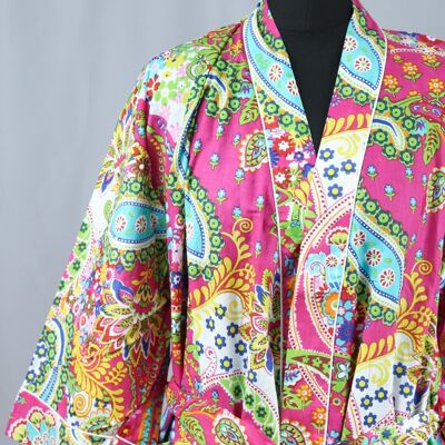 Cotton Kimono Dressing Gown -Pink Paisley