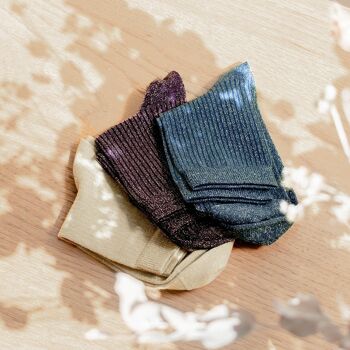 Trio de chaussettes à paillettes - bleu canard, violet, beige 1