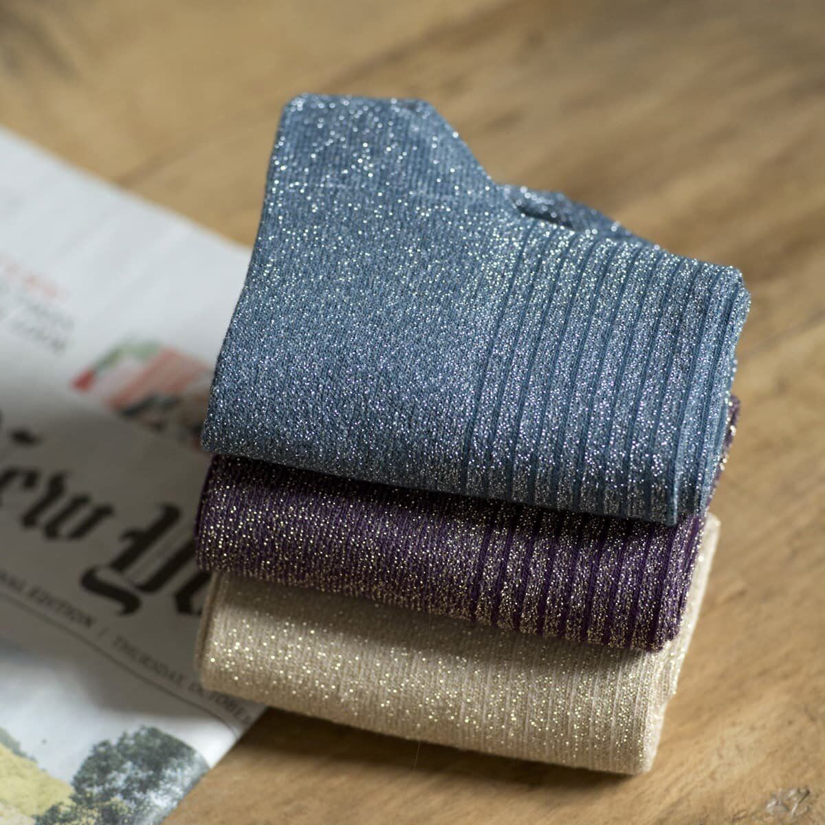 Trio di calze glitterate: blu anatra, viola, beige