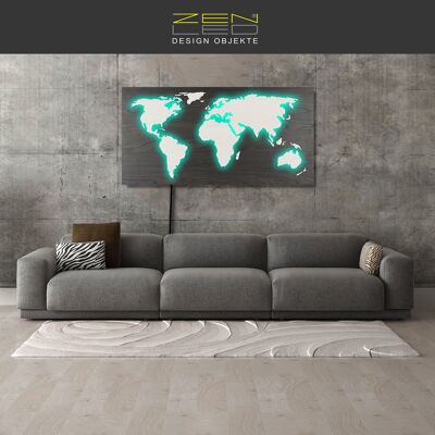 LED wooden world map "Mappa Del MONDO" WOOD look series in walnut-black wood grain with maple-white countries illuminated in 3D light effect; 110x57cm; RGB LEDs with manual remote control; modern and exclusive wall decoration