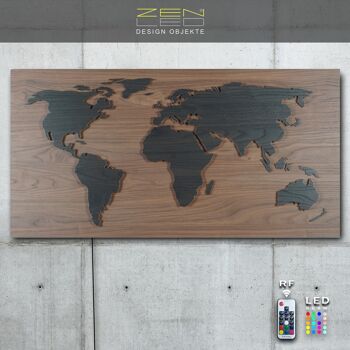 Carte du monde en bois à LED "Mappa Del MONDO" Série WOOD look en grain de bois brun noyer avec pays noyer noir illuminés en effet de lumière 3D ; 110x57cm; LED RVB avec télécommande manuelle ; décoration murale moderne et exclusive 10