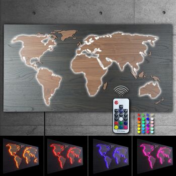 Carte du monde en bois à LED "Mappa Del MONDO" Série WOOD look en grain de bois noyer noir avec pays noyer brun illuminés en effet de lumière 3D ; 110x57cm; LED RVB avec télécommande manuelle ; décoration murale moderne et exclusive 2