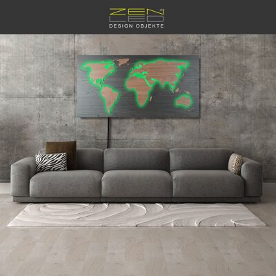 Mapa del mundo de madera LED "Mappa Del MONDO" Serie de apariencia de MADERA en grano de madera negro nogal con países marrón nogal iluminados en efecto de luz 3D; 110x57cm; LED RGB con control remoto manual; decoración de paredes moderna y exclusiva