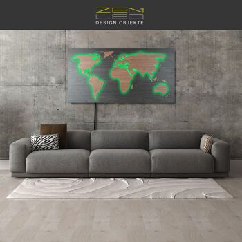 Carte du monde en bois à LED "Mappa Del MONDO" Série WOOD look en grain de bois noyer noir avec pays noyer brun illuminés en effet de lumière 3D ; 110x57cm; LED RVB avec télécommande manuelle ; décoration murale moderne et exclusive 1