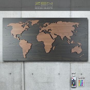 Carte du monde en bois à LED "Mappa Del MONDO" Série WOOD look en grain de bois noyer noir avec pays noyer brun illuminés en effet de lumière 3D ; 110x57cm; LED RVB avec télécommande manuelle ; décoration murale moderne et exclusive 10