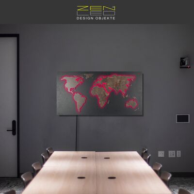 LED wooden world map "Mappa Del MONDO" STONE optic series in granite-black stone grain with patina countries illuminated in 3D light effect; 110x57cm; RGB LEDs with manual remote control; modern and exclusive wall decoration