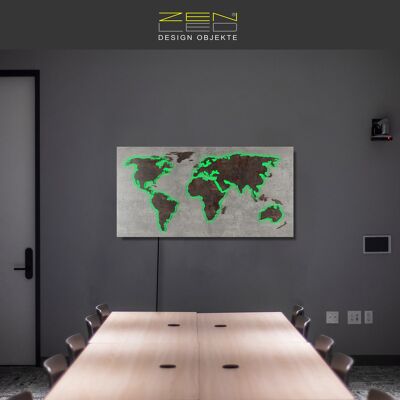 LED Holz Weltkarte „Mappa Del MONDO“ STEIN-Optik Serie in Beton-Grauer Stein-Maserung mit Edelrost Ländern farbig umleuchtet in 3D Lichteffekt; 110x57cm; RGB LEDs mit manueller Fernbedienung; moderne und exklusive Wanddeko