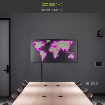 LED wooden world map "Mappa Del MONDO" STONE-optic series in granite-black stone grain with concrete-grey countries illuminated in 3D light effect; 110x57cm; RGB LEDs with manual remote control; modern and exclusive wall decoration