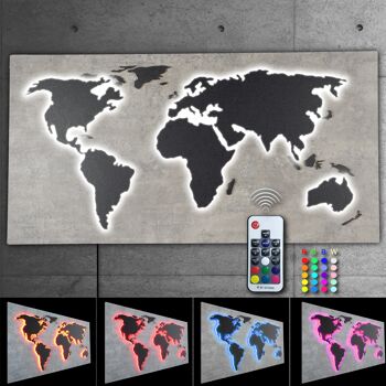 Mappemonde en bois LED "Mappa Del MONDO" Série d'optiques STONE en grain de pierre gris béton avec pays granit noir illuminés en effet de lumière 3D ; 110x57cm; LED RVB avec télécommande manuelle ; décoration murale moderne et exclusive 2