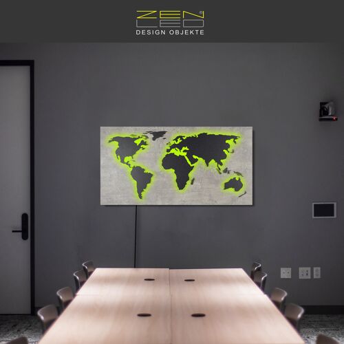LED Holz Weltkarte „Mappa Del MONDO“ STEIN-Optik Serie in Beton-Grauer Stein-Maserung mit Granit-Schwarzen Ländern farbig umleuchtet in 3D Lichteffekt; 110x57cm; RGB LEDs mit manueller Fernbedienung; moderne und exklusive Wanddeko