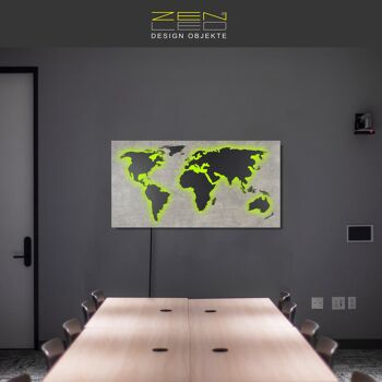 Mappemonde en bois LED "Mappa Del MONDO" Série d'optiques STONE en grain de pierre gris béton avec pays granit noir illuminés en effet de lumière 3D ; 110x57cm; LED RVB avec télécommande manuelle ; décoration murale moderne et exclusive 1