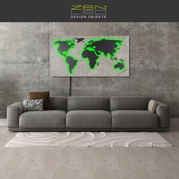 Mappemonde en bois LED "Mappa Del MONDO" Série d'optiques STONE en grain de pierre gris béton avec pays granit noir illuminés en effet de lumière 3D ; 110x57cm; LED RVB avec télécommande manuelle ; décoration murale moderne et exclusive 4