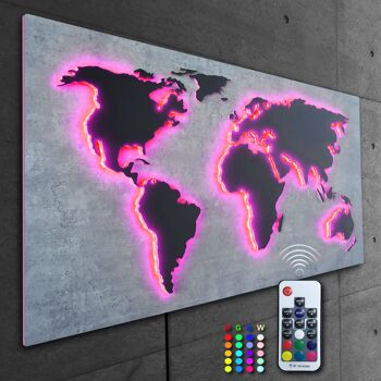 Mappemonde en bois LED "Mappa Del MONDO" Série d'optiques STONE en grain de pierre gris béton avec pays granit noir illuminés en effet de lumière 3D ; 110x57cm; LED RVB avec télécommande manuelle ; décoration murale moderne et exclusive 9